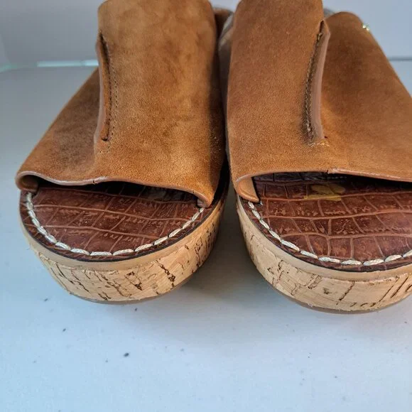 Sam Edelman Sandals Womens 8 Tan Suede Open-Toe Cork Wedge Slip-on - Picture 3 of 7